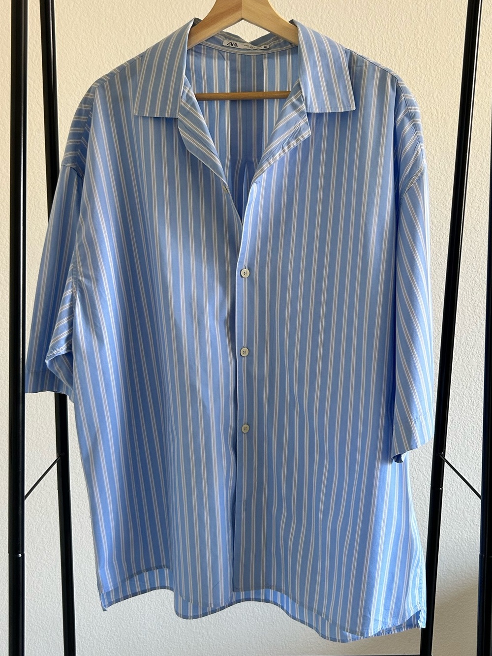 Zara Oversized Striped Short Sleeve Button Up Shirt Blue White Size Large